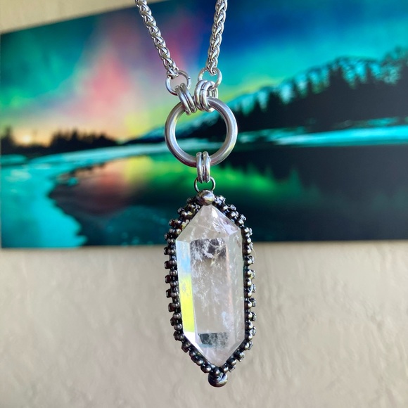 Natural Crystal quartz black electroplated boho goth stainless steel necklace - Picture 10 of 15
